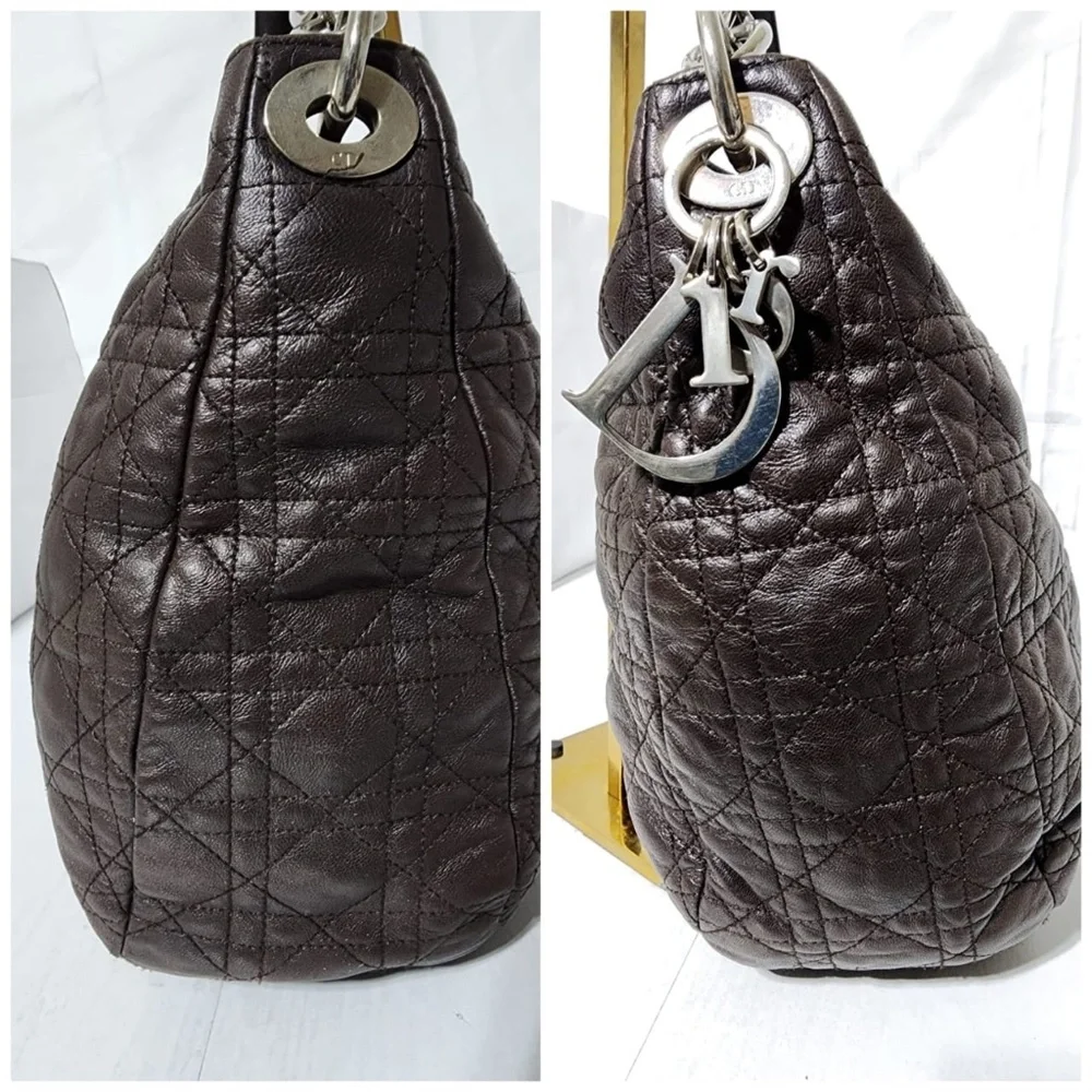 Authentic CHRISTIAN DIOR Cannage Quilted Lambskin Leather Soft Hobo Bag Brown